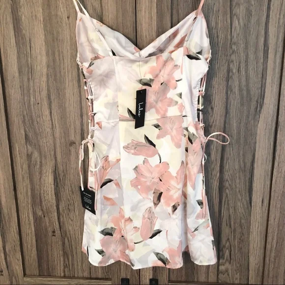 Lulus My Flirty Side Pink Floral Print Satin Lace-Up Mini Slip Dress - Picture 4 of 5